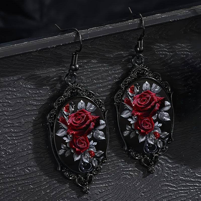 Vintage Red Rose Black Cameo Frame Gothic Women's Dangle Earrings - Le Joyau Store - Alloy,Dangle,Glass,Red Rose,Vintage -