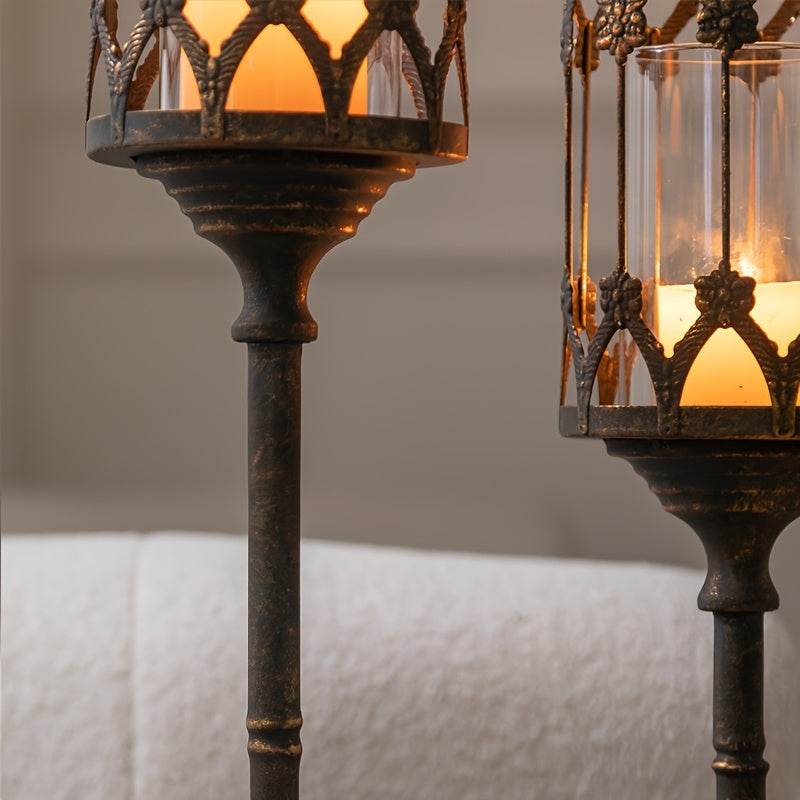 Elegant Vintage Antique Bronze Metal Floral Glass Lamppost Candle Holders (Set of 2) - Le Joyau Store - elegant,festive,glass,metal,wedding -