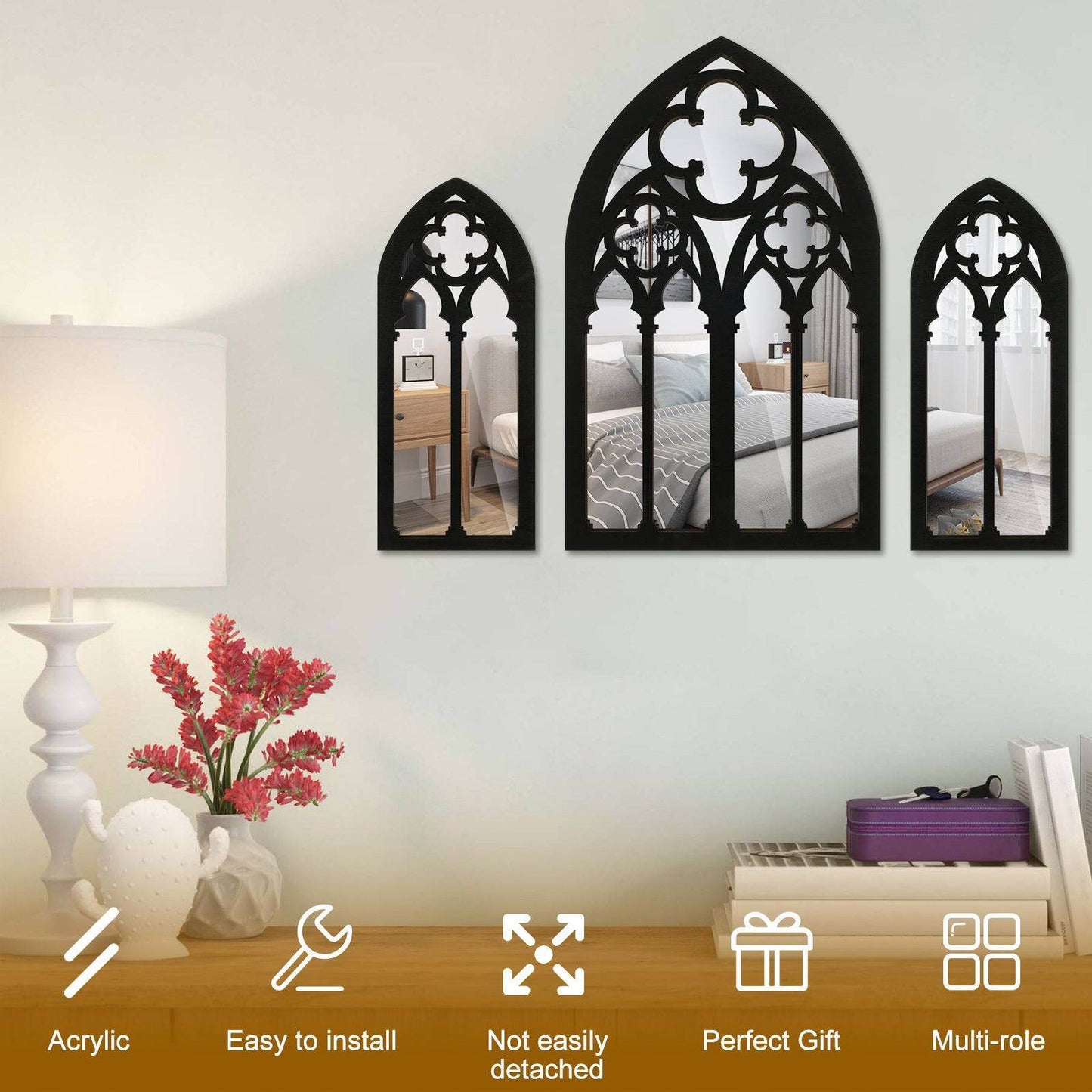 Gothic Black Vintage Victorian Cathedral Arch Frame Wall Decor Mirrors (3 Pcs) - Le Joyau Store - Gothic,Mirror,Vintage,Wooden -