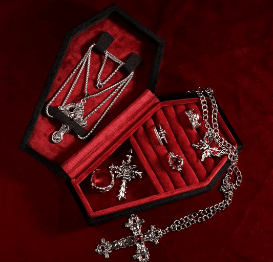 Velvet Coffin Jewelry Box Gothic Black & Red Ring Display Case with Lid - Le Joyau Store - coffin,custom,gothic,jewelry,velvet - M / Rose Logo