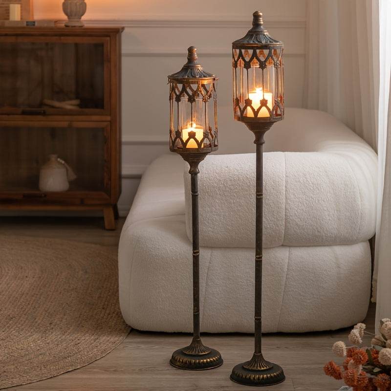 Elegant Vintage Antique Bronze Metal Floral Glass Lamppost Candle Holders (Set of 2) - Le Joyau Store - elegant,festive,glass,metal,wedding -