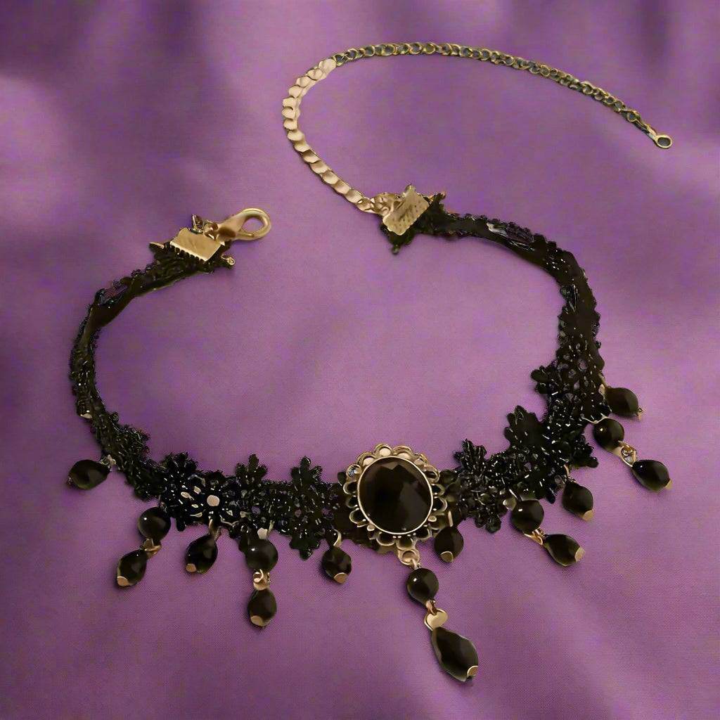 Antique Victorian Gothic Style Black Lace Choker Necklace with Black Gemstones - Le Joyau Store - Black Lace,Elegant,Gothic,Synthetic Gem,Tassel -