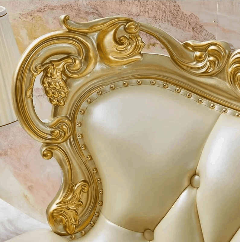 Royal European Cream Quilted Leather & Gilded Wooden Golden Living Room Sofa Set - Le Joyau Store - designer,golden,Nordic,reclining,wood - Single Seat