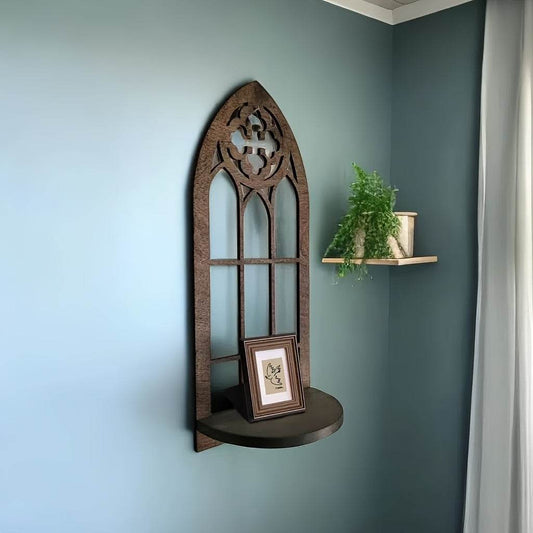 Rustic Brown Wooden Gothic Cathedral Arch Window Hanging Wall Display Shelf - Le Joyau Store - Decor,furniture,Gothic,Storage,Wooden -
