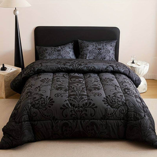 Gothic Dark Gray Skull & Filigree Victorian Baroque Bedding Quilt Set (3Pcs) - Le Joyau Store - black,gothic,gray,polyester,skull - Twin (68.11''*90.16'')
