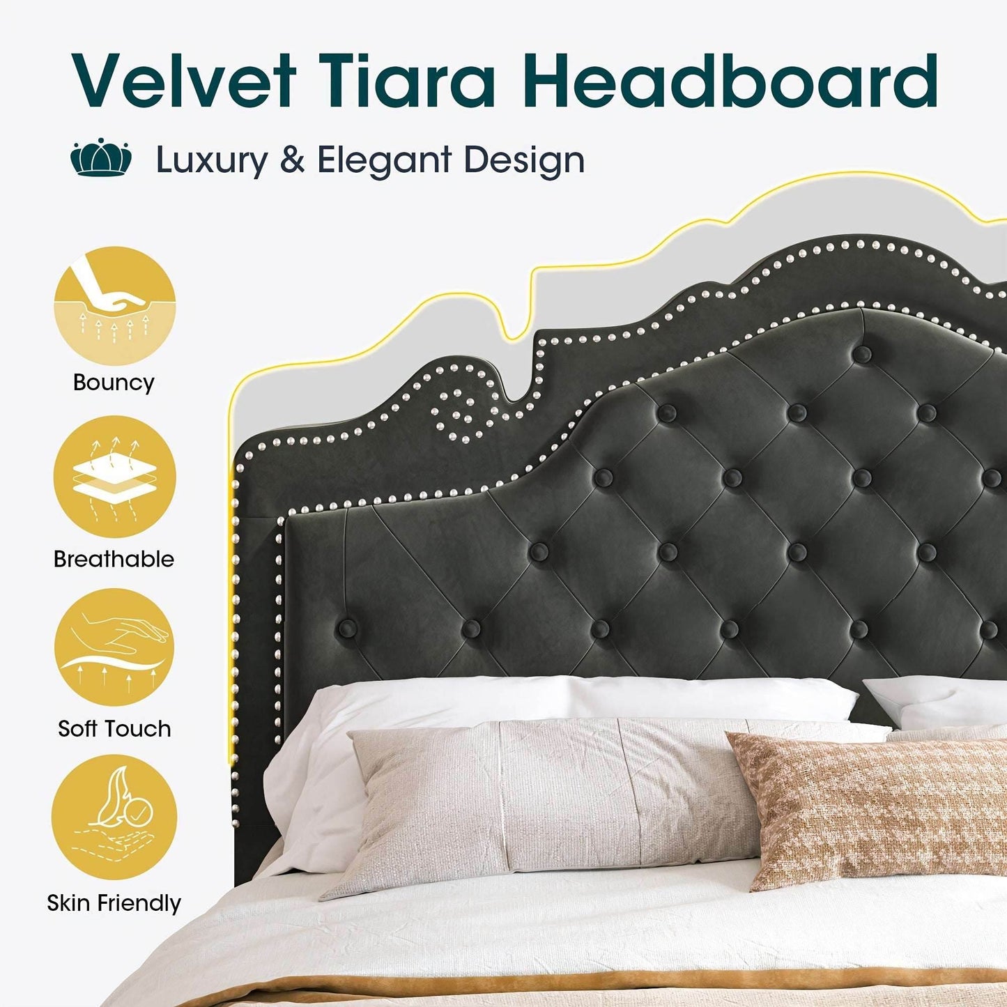 Luxury Black Velvet Upholstered Diamond Buttoned Tufted Tiara Headboard Bedframe - Le Joyau Store - Black,King,Queen,Tufted,Velvet - Full / Black