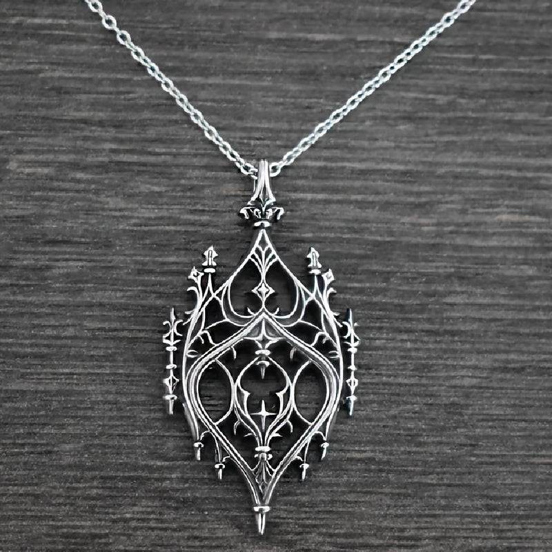 Vintage Gothic Cathedral Arch Window Hollow Carved Silver Necklace - Le Joyau Store - Gothic,Hollow,Pendant,Silver,Vintage -