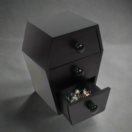 Gothic Black Wooden Coffin Vanity Jewelry Storage Box Organizer with 3 Drawers - Le Joyau Store - Black,Coffin,Halloween,Vintage,Wood -