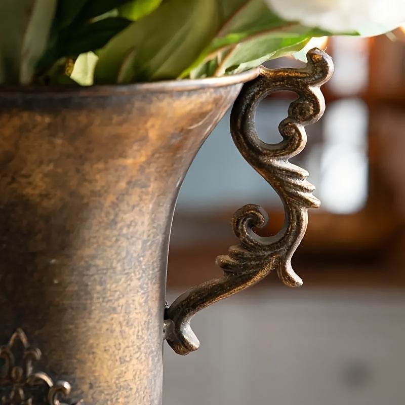 Vintage Aged Metal Bronze Cylindrical Antique Floral Vines Flower Vase - Le Joyau Store - cylindrical,dried flowers,floral design,metal vase,rustic style -