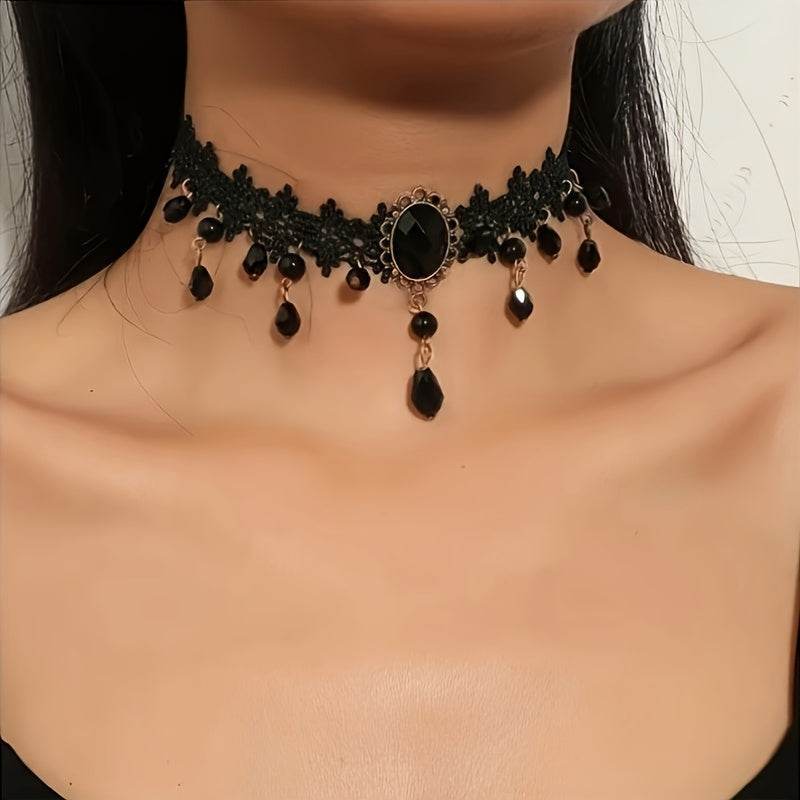 Antique Victorian Gothic Style Black Lace Choker Necklace with Black Gemstones - Le Joyau Store - Black Lace,Elegant,Gothic,Synthetic Gem,Tassel -