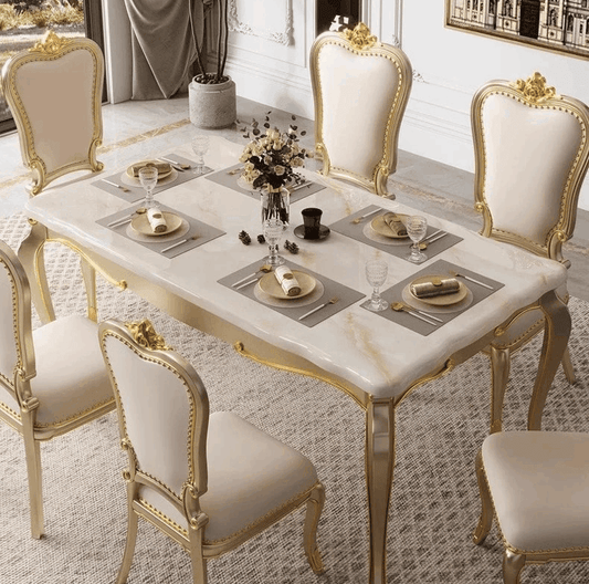 Regal European Gold & White Leather Marble Wooden Dining Table & Chairs - Le Joyau Store - Event,Gold,Luxury,Marble,Wood - Dining Chair (2pcs)