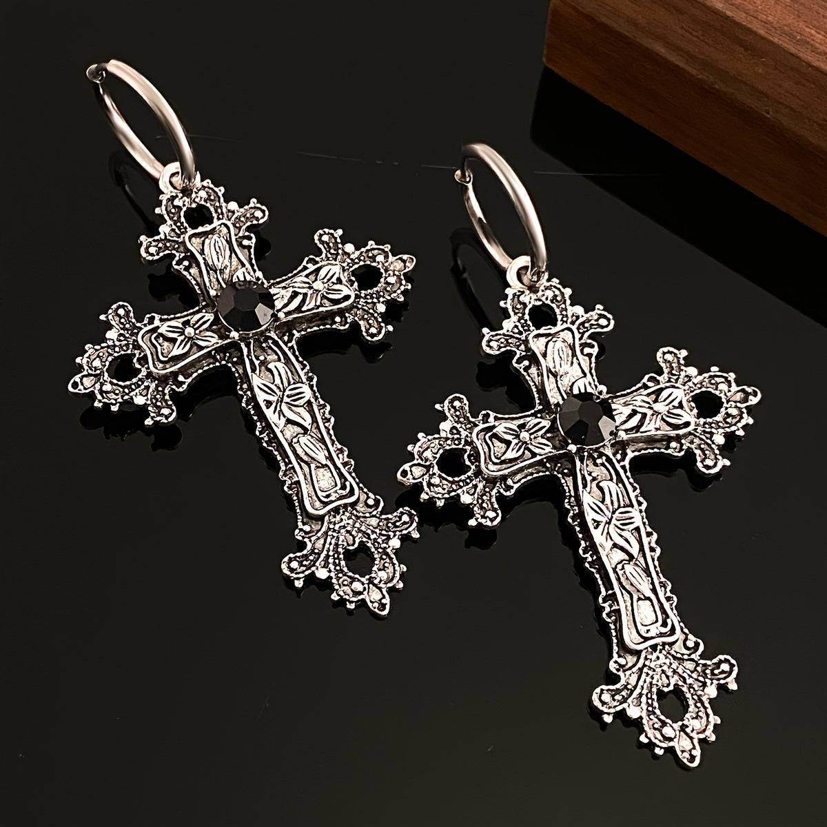 Vintage Gothic Religious Silver Filigree Cross Unisex Hoop Earrings with Black Accents - Le Joyau Store - alloy,black,filigree,hip hop,vintage -