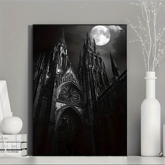 Gothic Cathedral Moonlit Night Monochrome Medieval Architecture Framed Canvas Art Print - Le Joyau Store - bedroom,dark,gothic,living room,medieval - 08×12×0.75 inch-Framed