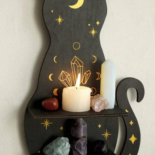 Gothic Black Cat Crystal Display Shelf Wooden Celestial Wall Rack for Witches & Mystics - Le Joyau Store - Crystal,Gothic,Home,Wall,Wooden - 29.3x14.1cm / Type A