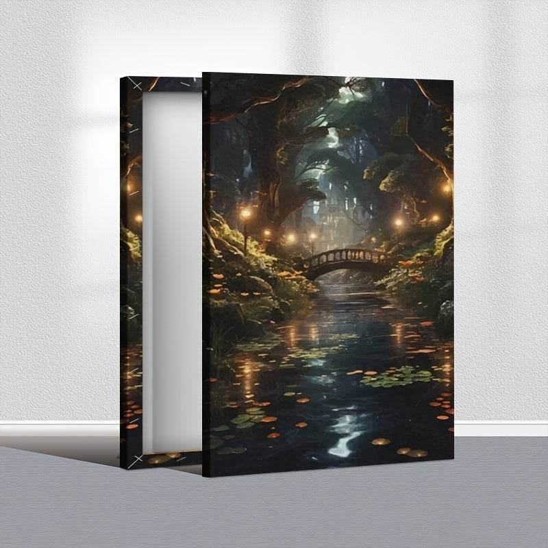 Mystical Enchanted Fantasy Forest Night Lake Bridge Wooden Canvas Art Print - Le Joyau Store - Cottage,Enchanted,Fantasy,Landscape,Wooden - 08×12×0.75inch-Framed