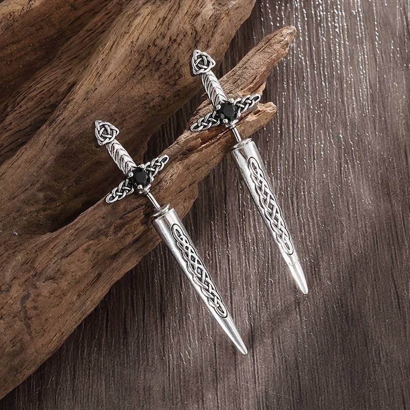 Gothic Celtic Knot Medieval Sword Earrings with Black Zircon – Vintage Punk Dagger Drop Earrings - Le Joyau Store - Black,Celtic,Copper,Punk,Vintage -