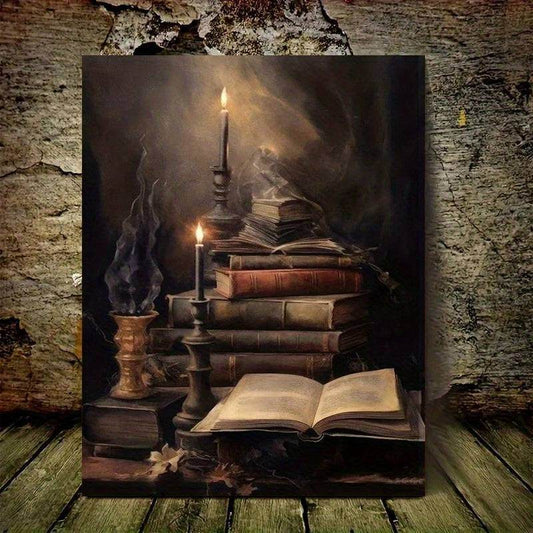Vintage Candlelit Book Tower Antique Gothic Reading Framed Back Canvas Art Print - Le Joyau Store - gothic,readers,reading,wood - 8x10in (20x25cm) Quality Framed