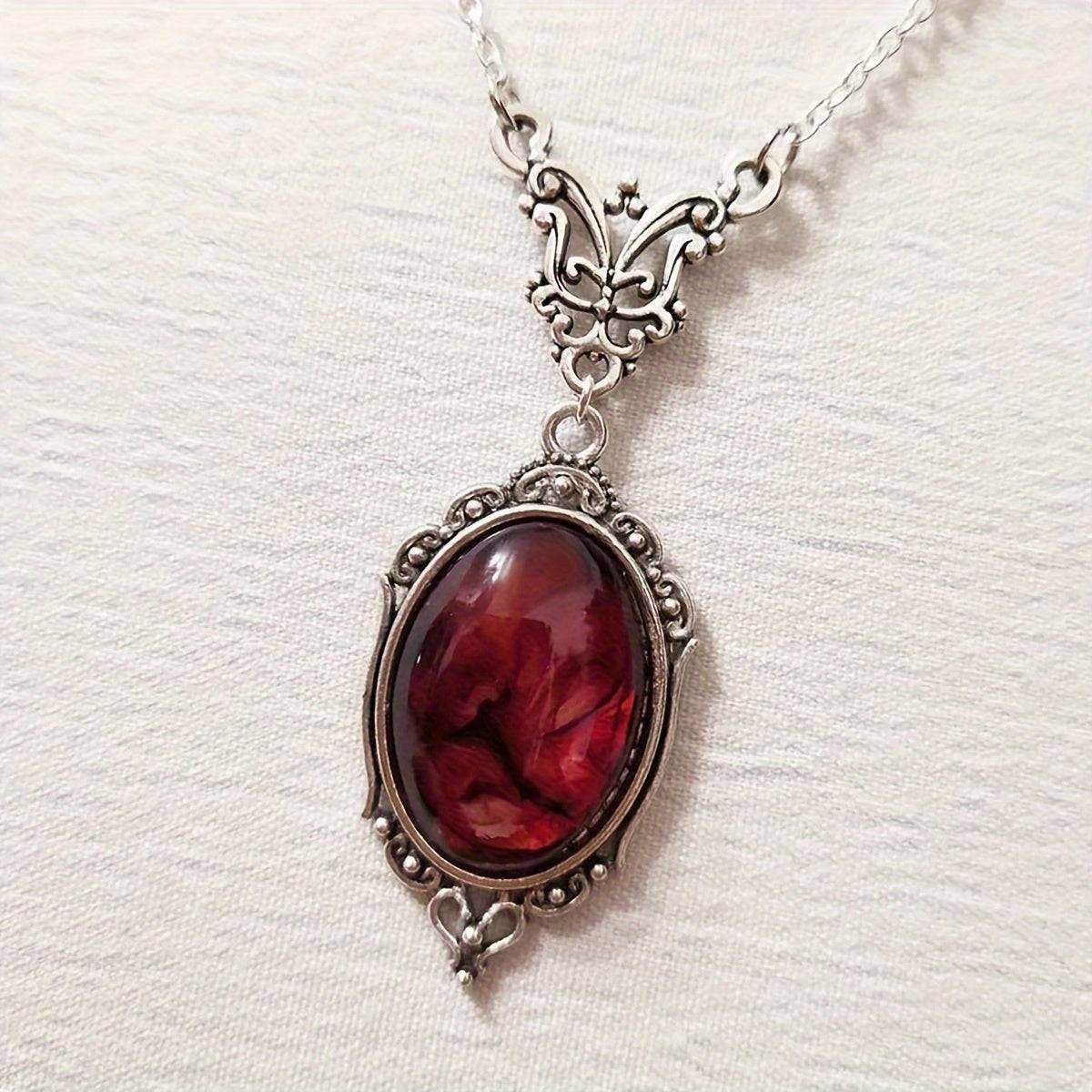 Victorian Gothic Red Oval Bloodstone & Ornate Silver Vampire Cameo Pendant Necklace - Le Joyau Store - Gothic,Pendant,Red,Vintage -