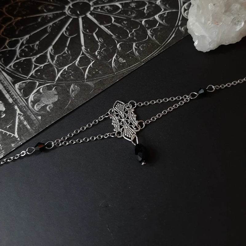 Victorian Ornate Antique Silver Motif Chain Choker with Black Crystal Embellishments - Le Joyau Store - Adjustable,Black Crystal,Gothic,Handmade,Witch -