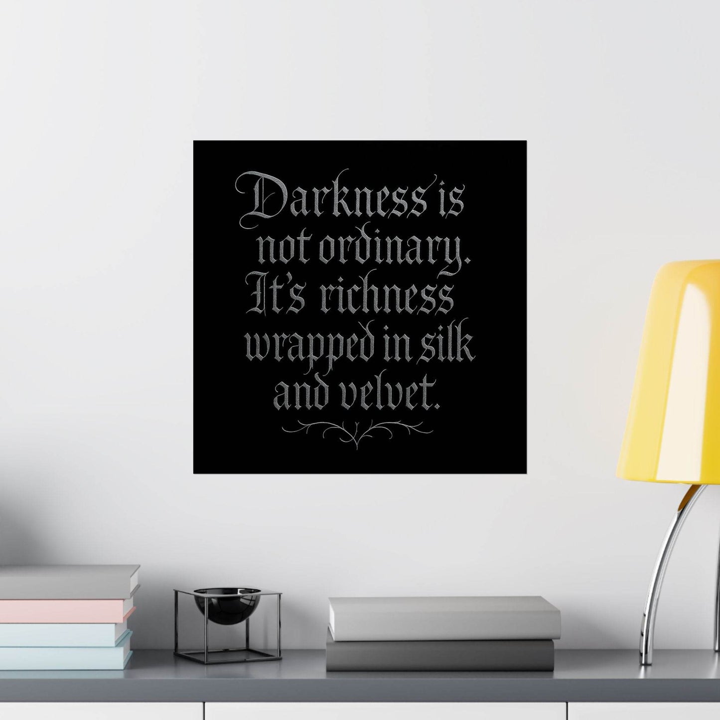 Velvet Darkness Gothic Poster – Dark Academia & Victorian Aesthetic Black & Silver Calligraphy Quote Wall Art - Le Joyau Store - Home & Living,Indoor,Matte - 10″ x 10″