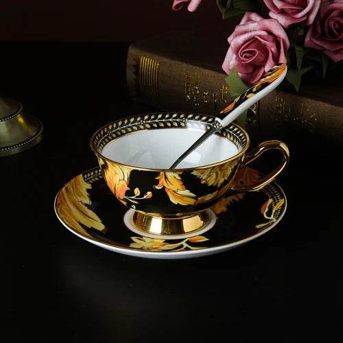 Luxury European Vintage Fine Bone China Black & Gold Floral Antique Teacup Set - Le Joyau Store - Bone China,Coffee Set,Elegant,High-Quality,Tea Cups - 4pcs set