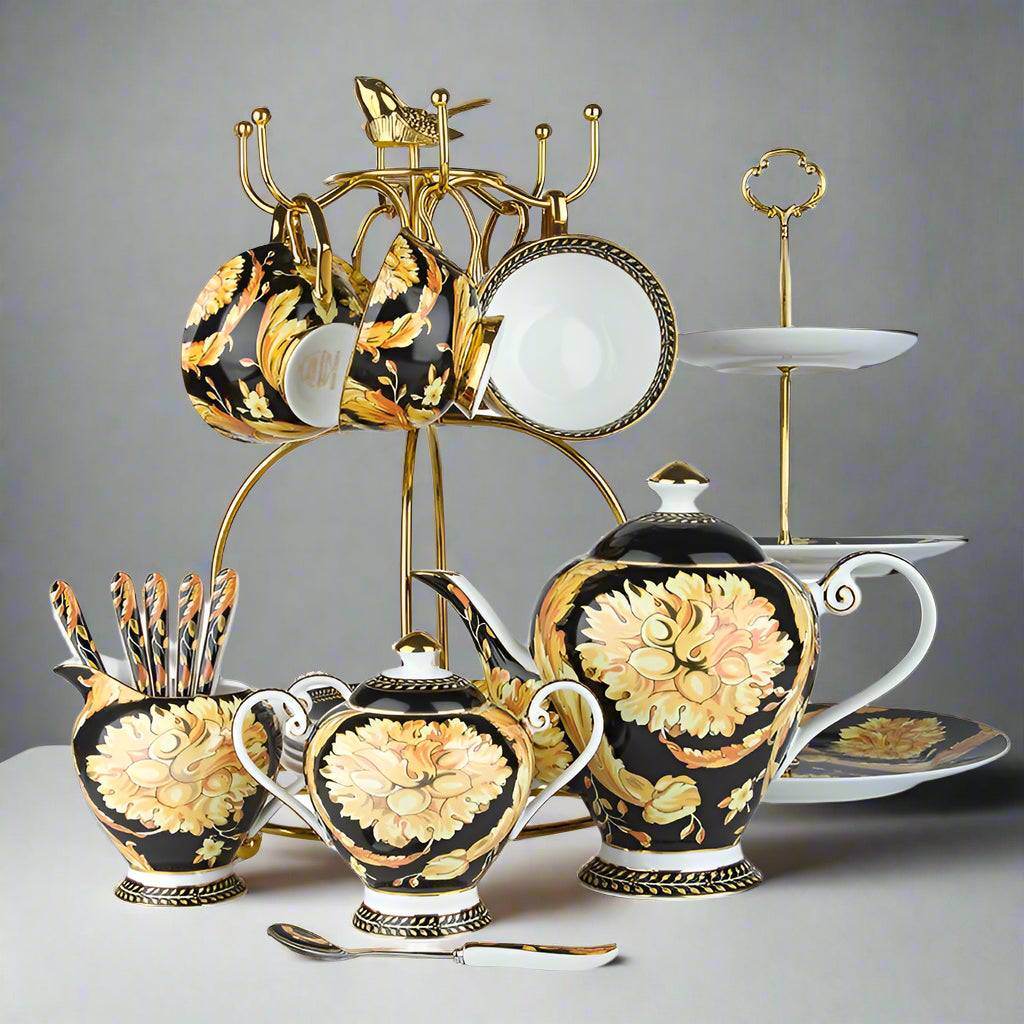 Luxury European Vintage Fine Bone China Black & Gold Floral Antique Teacup Set - Le Joyau Store - Bone China,Coffee Set,Elegant,High-Quality,Tea Cups - 4pcs set