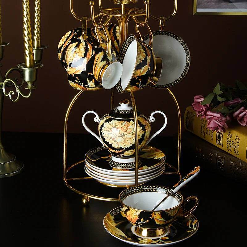 Luxury European Vintage Fine Bone China Black & Gold Floral Antique Teacup Set - Le Joyau Store - Bone China,Coffee Set,Elegant,High-Quality,Tea Cups - 4pcs set
