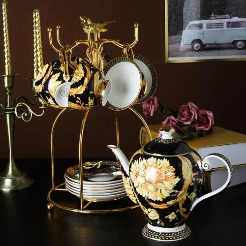 Luxury European Vintage Fine Bone China Black & Gold Floral Antique Teacup Set - Le Joyau Store - Bone China,Coffee Set,Elegant,High-Quality,Tea Cups - 4pcs set