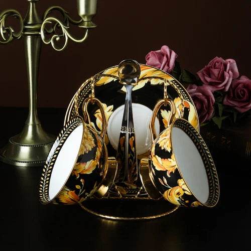Luxury European Vintage Fine Bone China Black & Gold Floral Antique Teacup Set - Le Joyau Store - Bone China,Coffee Set,Elegant,High-Quality,Tea Cups - 4pcs set