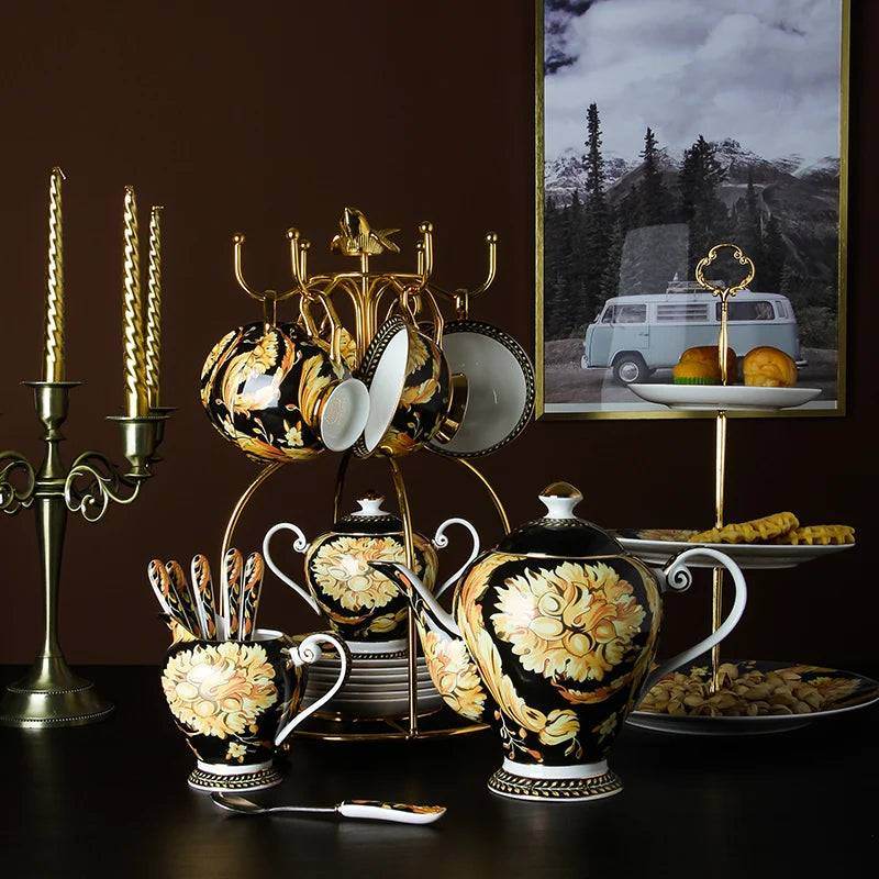 Luxury European Vintage Fine Bone China Black & Gold Floral Antique Teacup Set - Le Joyau Store - Bone China,Coffee Set,Elegant,High-Quality,Tea Cups - 4pcs set