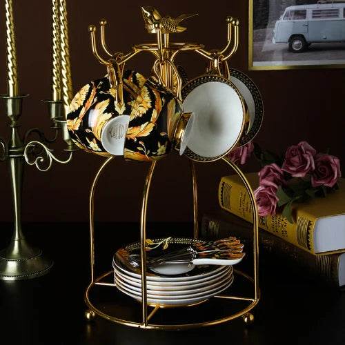 Luxury European Vintage Fine Bone China Black & Gold Floral Antique Teacup Set - Le Joyau Store - Bone China,Coffee Set,Elegant,High-Quality,Tea Cups - 4pcs set