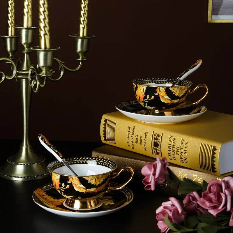 Luxury European Vintage Fine Bone China Black & Gold Floral Antique Teacup Set - Le Joyau Store - Bone China,Coffee Set,Elegant,High-Quality,Tea Cups - 4pcs set