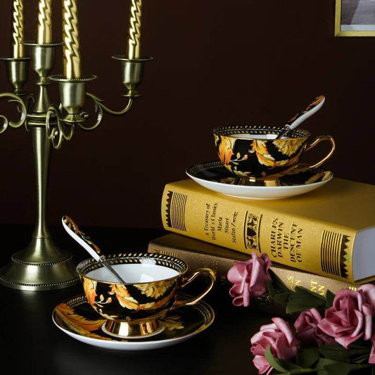 Luxury European Vintage Fine Bone China Black & Gold Floral Antique Teacup Set - Le Joyau Store - Bone China,Coffee Set,Elegant,High-Quality,Tea Cups - 4pcs set