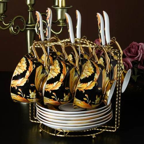 Luxury European Vintage Fine Bone China Black & Gold Floral Antique Teacup Set - Le Joyau Store - Bone China,Coffee Set,Elegant,High-Quality,Tea Cups - 4pcs set