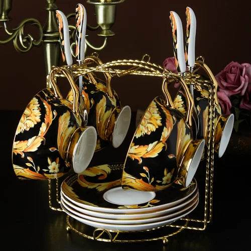 Luxury European Vintage Fine Bone China Black & Gold Floral Antique Teacup Set - Le Joyau Store - Bone China,Coffee Set,Elegant,High-Quality,Tea Cups - 4pcs set