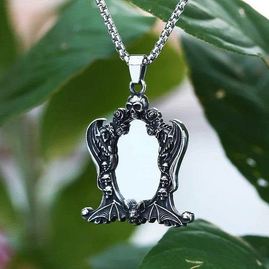 Antique Gothic Skull & Bat Ornate Mirror Punk Pendant Necklace - Le Joyau Store - charm,mirror,punk,skull - Pendant Only