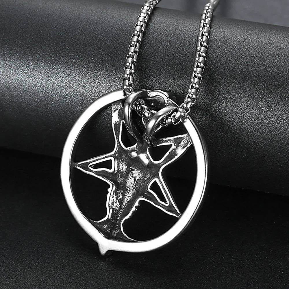 Gothic Pentagram Goat Head Satanic Devil Vintage Silver Pendant Necklace - Le Joyau Store - Biker,Pentagram,Satanic,Stainless,Vintage - With 60cm Chain