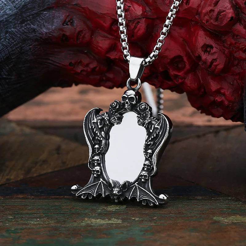 Antique Gothic Skull & Bat Ornate Mirror Punk Pendant Necklace - Le Joyau Store - charm,mirror,punk,skull - Pendant Only