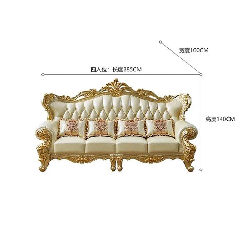 Royal European Cream Quilted Leather & Gilded Wooden Golden Living Room Sofa Set - Le Joyau Store - designer,golden,Nordic,reclining,wood - Single Seat