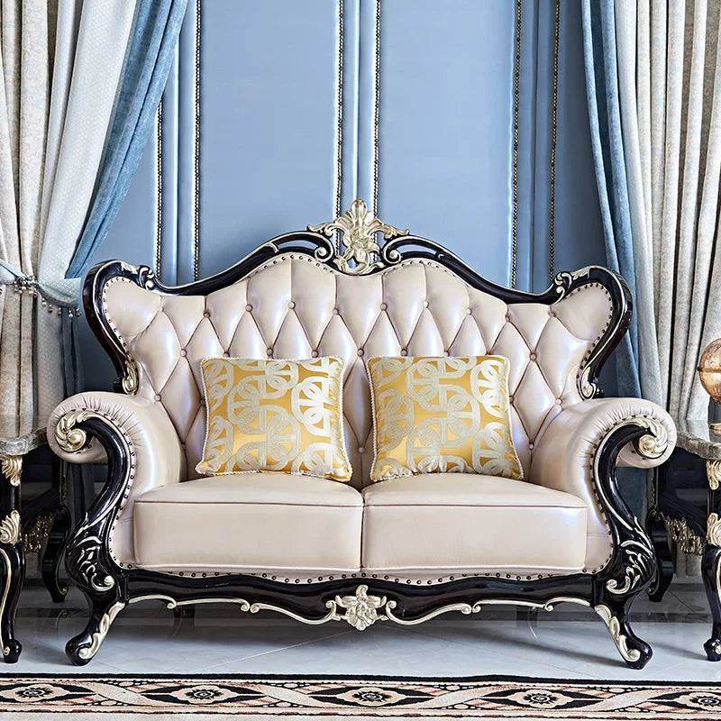 Luxury European Living Room Sofa Sets Royal Quilted Cream & Black Wood Lounge Furniture - Le Joyau Store - - Single Seater