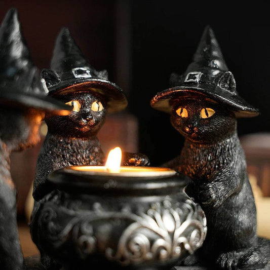 Gothic Black Cat Witches Cauldron Candle Holder - Le Joyau Store - Crafts,Halloween,Home Decor,Resin,Witch Cat -
