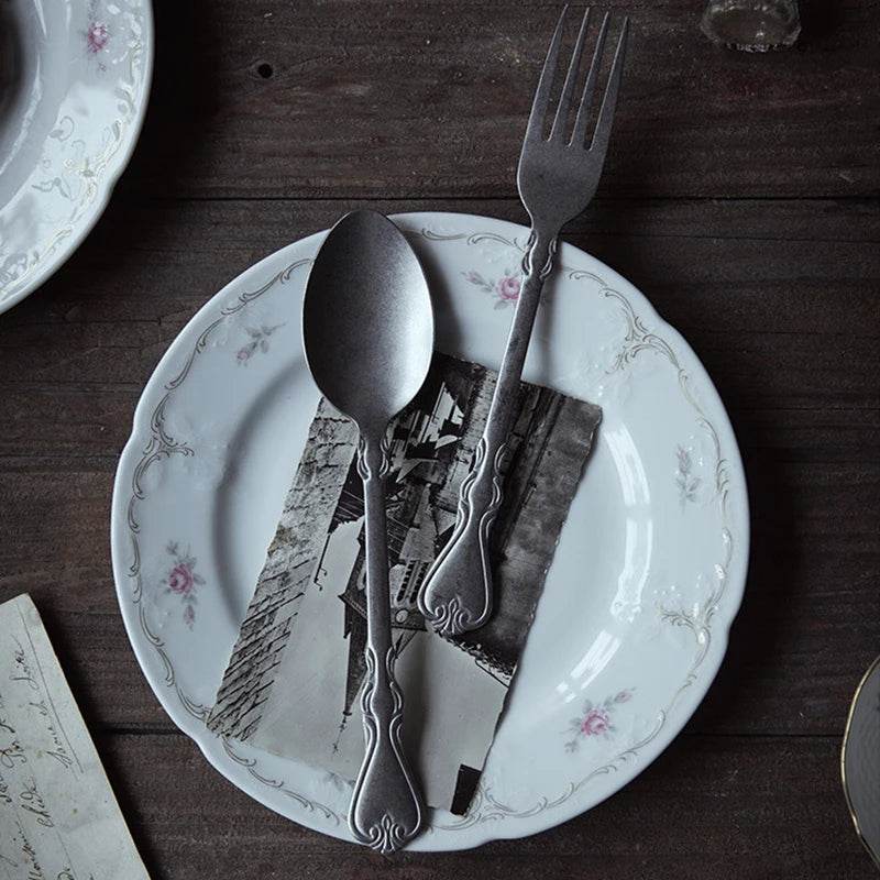 Vintage Retro Stainless Steel Tableware Antique Engraved Photography Utensils - Le Joyau Store - handmade,kitchen,photo,retro,vintage - One Set 4pcs