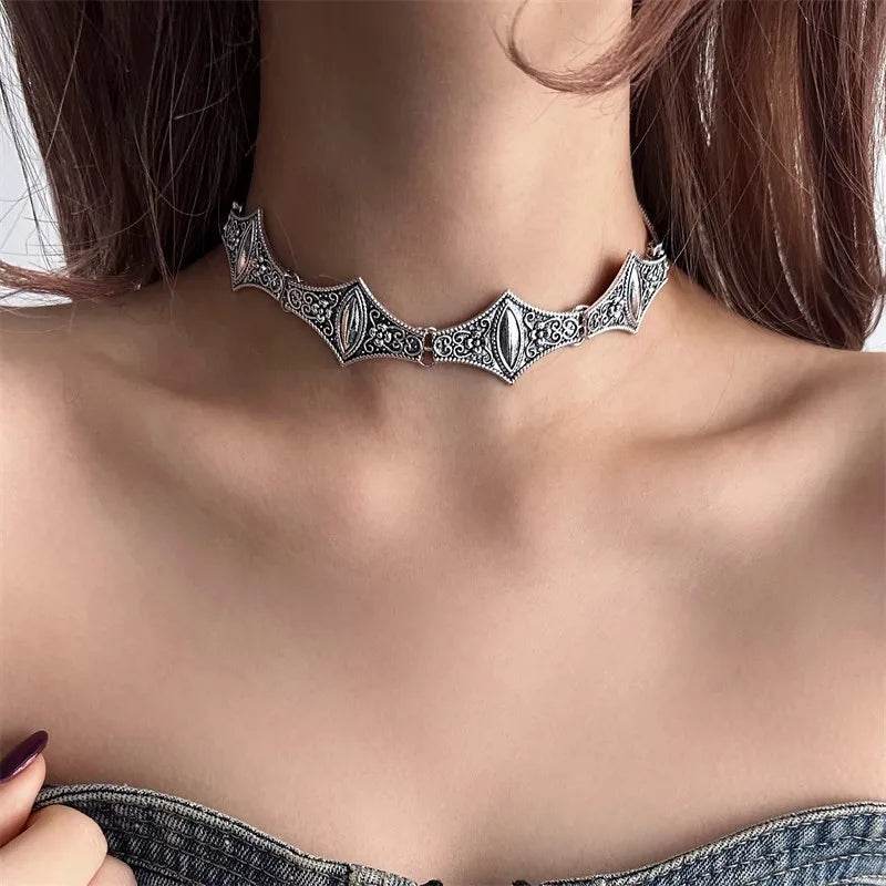 Vintage Victorian Antique Silver Gothic Link Chain Choker Necklace - Le Joyau Store - Fashion,Retro,Silver,Stainless,Women - Rhodium Plated