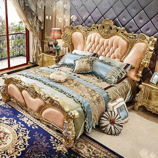 Royal European King Size Light Pink Leather Bed with Gold Engraved Gilded Filigree Headboard - Le Joyau Store - Headboard,Leather,Luxury,Queen,Trendy - 1.8x2m King Bed