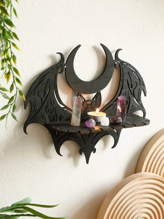 Gothic Black Bat & Crescent Moon Witches Wooden Wall Shelf Crystal Display Rack - Le Joyau Store - Bat,Black,Gothic,Halloween,Moon -