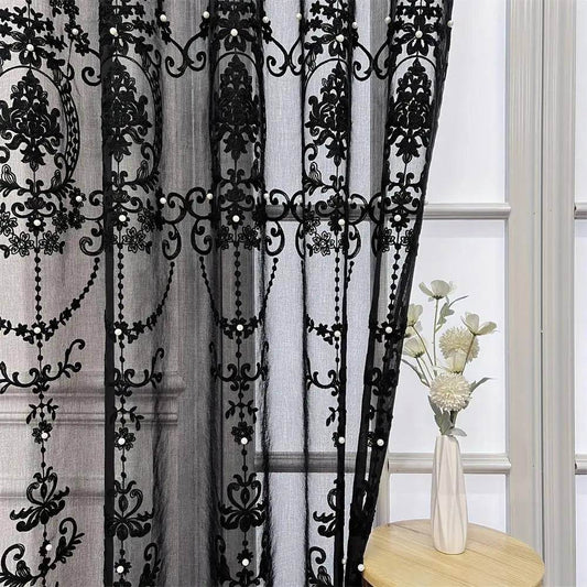 Gothic Vintage French Style Black Tulle Beaded Net Curtain (1 Pcs) - Le Joyau Store - beaded,black,embroidery,light filter,tulle - 1 Panel W140xH240cm / Grommet (Ring) Top