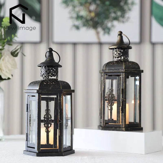 Vintage Rustic Wrought Iron Decorative Hanging Candle Holder Lantern - Le Joyau Store - Black,Candle,Glass,Lantern,Metal - Black - 1 Pcs