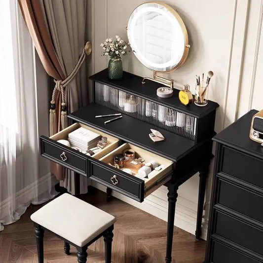 Gothic Black Victorian Dresser with Mirror Luxury Vintage French Makeup Storage Vanity Table - Le Joyau Store - black,european,French,luxury,modern,wooden - 0.8M Dresser sets