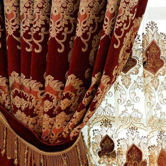 Luxury Deep Red Gold Vintage Baroque European Style Chenille Blackout Curtains - Le Joyau Store - blackout,chenille,elegant,jacquard,red - W150cmxH250cm 1PC / Tulle / Hook