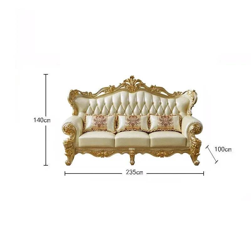 Royal European Cream Quilted Leather & Gilded Wooden Golden Living Room Sofa Set - Le Joyau Store - designer,golden,Nordic,reclining,wood - Single Seat